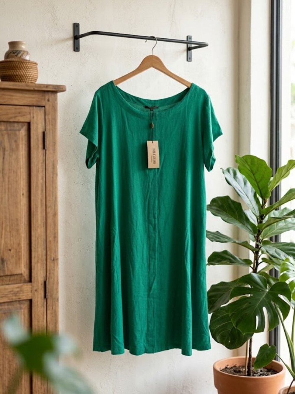 For Cynthia New Emerald Green Linen Blend Midi Dress Size 1X Pleated Pockets